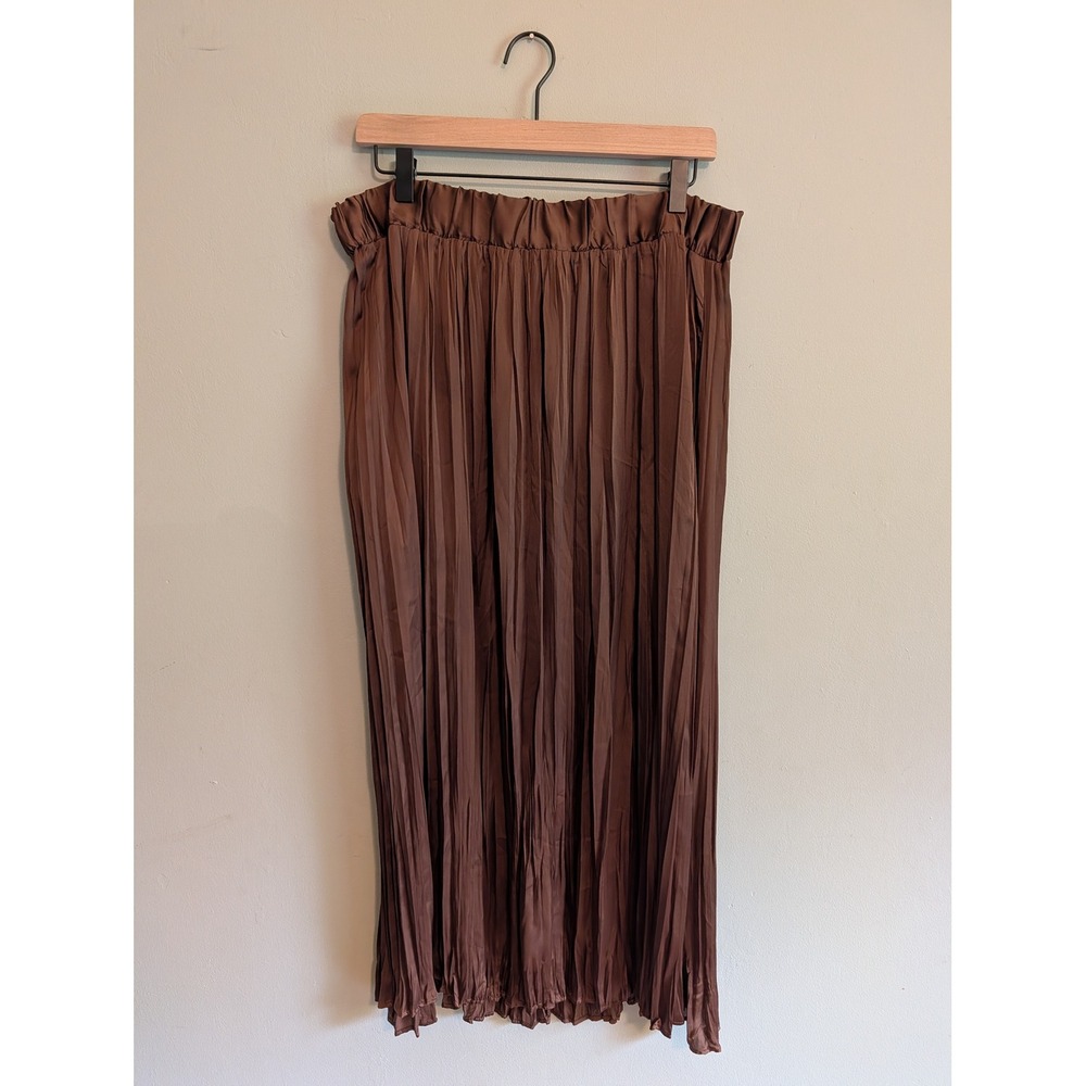 Zara Brown Pleated Midi Skirt Satin Elastic Waist Pockets XXL